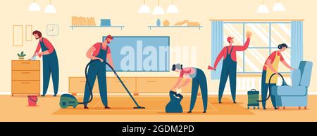 Professional home cleaning. Team of cleaners doing housekeeping, vacuuming floor and furniture. Cleaning services clean house vector illustration. Characters wiping window, dusting furniture Stock Vector