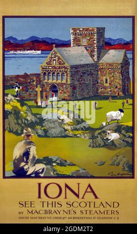 Iona. See this Scotland by MacBrayne's Steamers by Tom Gilfillan (1932-1953). Restored vintage poster published in in Scotland. Stock Photo