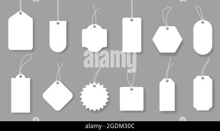 Blank price labels, white luggage badges and gift tags. Realistic sale discount label mockup, empty paper gift tag with cord vector set. Cards of different shapes for pricing hanging on ropes Stock Vector