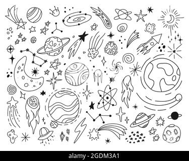 Space doodles, cute stars and planets sketch drawings. Hand drawn spaceship, ufo, planet, galaxy, moon, asteroid. Astrology doodle vector set. Celestial bodies, astronomy science objects Stock Vector