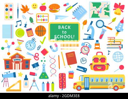Back to school hand drawn elements, school supplies doodles. Books, notebooks, chalkboard. Children school education stickers vector set. Yellow bus for pupils, blackboard with text Stock Vector