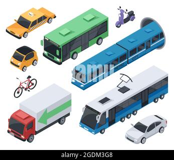 Isometric city vehicles and public transport car, train, bus. Urban transportation bike, motorcycle, taxi, cargo truck 3d vector set. Metro train, delivery transport isolated on white Stock Vector
