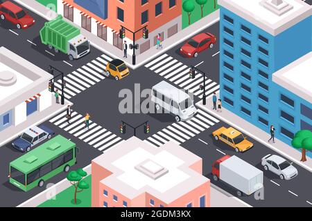 Isometric city crossroad with cars, road intersection traffic jam. Urban downtown street with transport and people vector illustration. Public and private transport in residential area Stock Vector