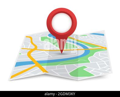 Folded city map with destination pointer, gps navigation. Red location pin marker on 3d paper street maps. Tourist place navigator vector sign. Route direction, tourism destination Stock Vector