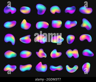 Fluid holographic or iridescent shapes, abstract liquid bubbles. Gradient organic neon graphic elements, bubble shape fluids logo vector set. Bright colorful dynamic paint splash forms Stock Vector