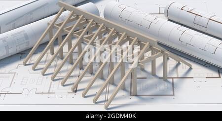 Roofing contractor and engineer office. Wooden framing  trusses, roof beams structure on project blueprint plans background. Roof construction and eng Stock Photo