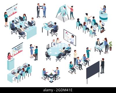 Isometric business training or coaching, office conference meeting. Businessman giving presentation, business education seminar vector set. Team brainstorming, discussing project or strategy Stock Vector