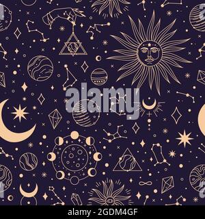 Astrology seamless pattern with constellations, planets and stars. Space galaxy, starry night textile fabric print vector background. Mystical and magical elements on cosmic sky with celestial bodies Stock Vector