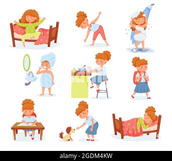 Cartoon cute girl daily routine and children activities. Child brushing teeth, eating breakfast, studying. Day routine for kids vector set. Everyday habits as doing sport, playing with dog Stock Vector