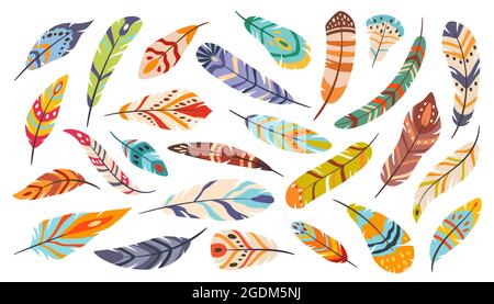 Tribal feathers, boho ethnic stylized bird feather. Flat cartoon elegant colorful bohemian feathering, indigenous feathers vector set. Vivid and bright accessory for decoration isolated Stock Vector