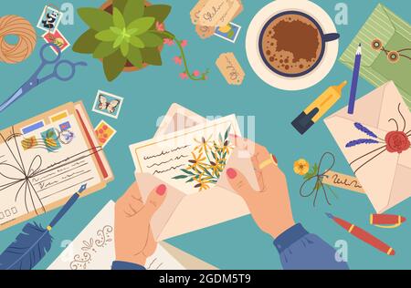 Hands holding letter, envelope with postcard, postal mail. Woman reading paper letters. Desk with cards, stamps, stationery vector illustration. Table with correspondence, cup of coffee and plant Stock Vector