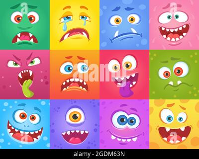Cartoon funny monster faces in squares, cute monsters characters. Halloween spooky face, creatures with various emotions vector set. Aliens with different expressions as happy, crying and sad Stock Vector