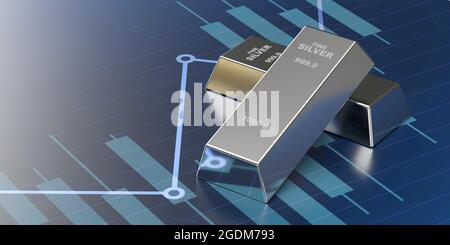 Investment, banking, business concept: 3d render silver ingot bars. Economy and finance line chart surface. Treasure blocks. Profit in stock markets. Stock Photo