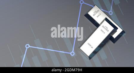 Investment, banking, business concept: 3d render silver ingot bars. Economy and finance line chart surface. Treasure blocks. Profit in stock markets. Stock Photo