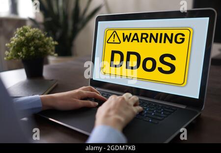 DDoS attack detection message. Virus and Hacking. Cyber security and internet concept Stock Photo