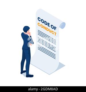 Flat 3d Isometric Businessman Reading Code of Conduct Document.  Code of Conduct and Business Ethics Concept. Stock Vector