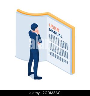 Flat 3d Isometric Businessman Reading User Manual. User Guide Manual Concept. Stock Vector