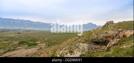 Panorama of the Landscape close to Tulbagh, taken from Top of the Waterfall in the Watervall Nature Reserve in the Western Cape of South Africa Stock Photo