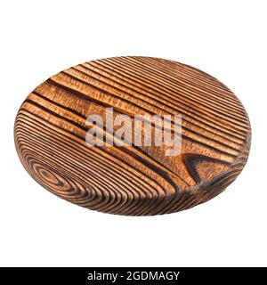Isolated round burnt wooden serving board on white Stock Photo