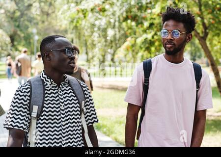 Two African students talking to each other while walking through the park together Stock Photo