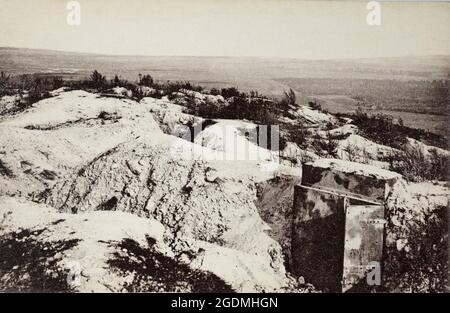 A historical view of trenches and the entrance to an armoured bunker on the top of the strategic Craonne plateau, the site of heavy fighting between French and German troops druing the First World War. Stock Photo