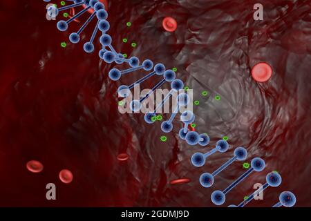 Stylized 3D image of a DNA molecule and red blood cells under a microscope, infected with viruses and bacteria Stock Photo