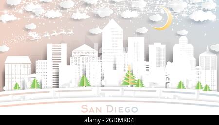 San Diego California City Skyline in Paper Cut Style with Snowflakes, Moon and Neon Garland. Vector Illustration. Christmas and New Year Concept. Stock Vector