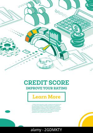 Isometric Personal Credit Score or Rating Concept. Vector Illustration. Coins with Calculator. Avatars with Speech Bubbles. Outline Loan History. Stock Vector