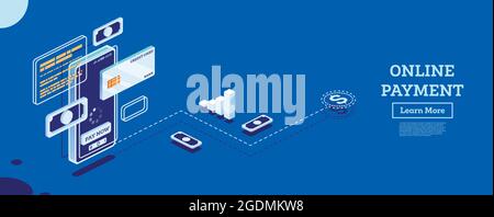 Online Payment with Mobile Phone. Isometric Concept. Online Shopping with Credit Card. Vector Illustration. Internet Payments. Stock Vector