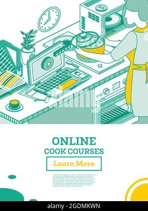 Woman Watches Cooking Channels. Isometric Online Cook School. Woman Cooking Soup on the Electric Stove. Culinary Course. Vector Illustration. Video. Stock Vector
