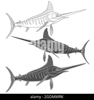 Set of black and white images with marlin fish. Isolated vector objects on white background. Stock Vector