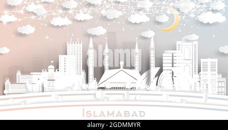 Islamabad Pakistan City Skyline in Paper Cut Style with White Buildings, Moon and Neon Garland. Vector Illustration. Travel and Tourism Concept. Stock Vector