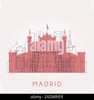 Outline Madrid vintage skyline with landmarks. Vector illustration. Business travel and tourism concept with historic buildings. Image for presentatio Stock Vector