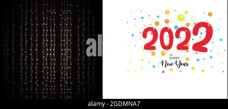 Happy New Year 2022 numbers greeting card in cartoon style with multicolored fireworks of colored balls, color balloons, bubbles, children's cheerful Stock Vector