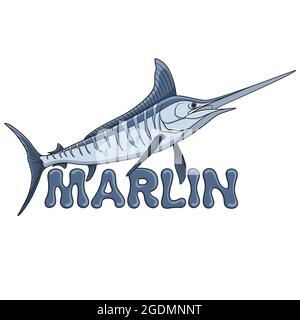 Colored illustration of a marlin fish and an inscription. Isolated vector objects on white background. Stock Vector