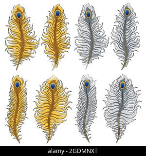 Set of vector images of gold and silver peacock feathers. Isolated objects on white background. Stock Vector
