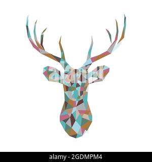 Colorful polygonal deer head. Christmas greeting card with colorful reindeer on white background. Xmas vector illustration in origami style. Stock Vector
