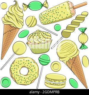 Seamless pattern with yellow and green sweets. Isolated vector objects on white background. Stock Vector