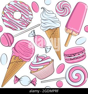 Seamless pattern with pink and white sweets. Vector illustration. Stock Vector
