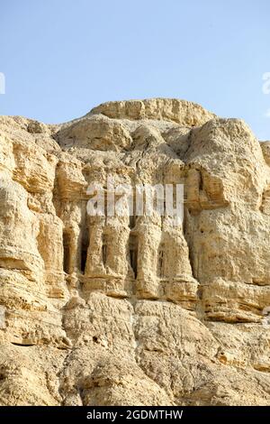 Marl stone formations. Eroded cliff made of marl. Marl is a calcium carbonate-rich, mudstone formed from sedimentary deposits. Photographed in Israel, Stock Photo