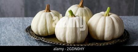 Simple modern floral arrangement with baby boo pumpkins. Autumn decor Stock Photo