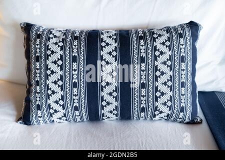 Thai Modern and Traditional Vintage style pattern on blue pillow Stock Photo