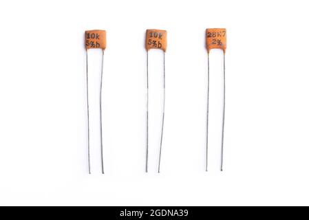 Radio components, old electronic parts on white background, passive electronic component Stock Photo