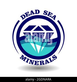 Creative round logo Dead Sea Minerals with crystal diamond cartoon icon in blue ocean wave circle symbol, package label sign for product contain clear Stock Vector