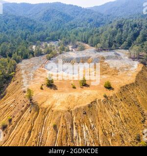 Pyrite ore and sulfide stock piles from abandoned surface mining in Troodos mountains, Cyprus Stock Photo