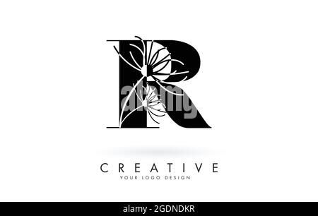 R letter logo design with elegant and abstract flowers vector illustration. Creative icon with letter R. Stock Vector