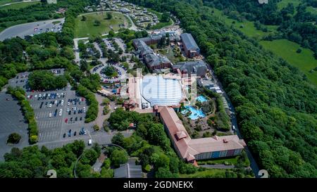 Alton Towers Aerial Drone View Of  Waterpark , Alton Towers Hotel and Splash Landings Hotel Stock Photo