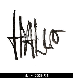 Hello greeting in German language - Hallo. Raster high resolution illustration isolated on white. Textured expressive brush pen calligraphy with black Stock Photo