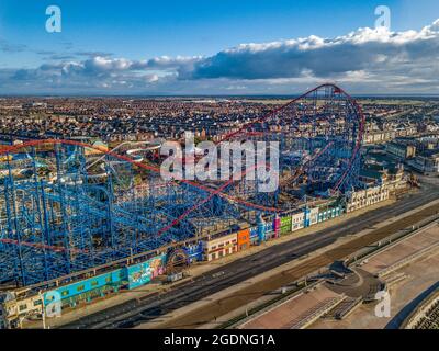 Aerial Drone Views of Blackpool, Pleasure Beach, Pier Golden Mile Sandcastle Water Park New Rollercoaster Icon Big One Pepsi Max Big Dipper Theme Park Stock Photo