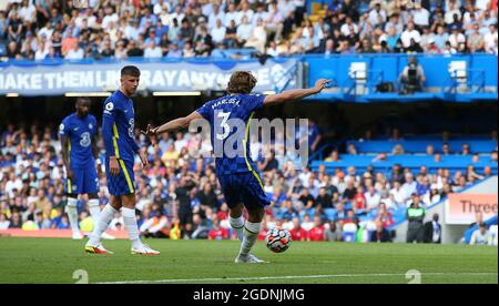 London, UK, 14th August 2021. Marcos Alonso of Chelsea scores the first goal during the Premier League match at Stamford Bridge, London. Picture credit should read: Paul Terry / Sportimage